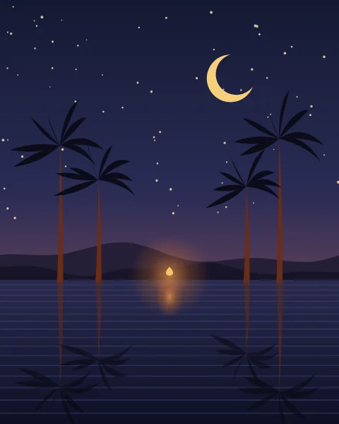 Date palms stand black on both banks of a still pool under a night sky that shades from indigo to a last plum glow; a gold crescent and stars hang above and lie again in the water, and a small fire on the far bank puts one warm point into the blue.