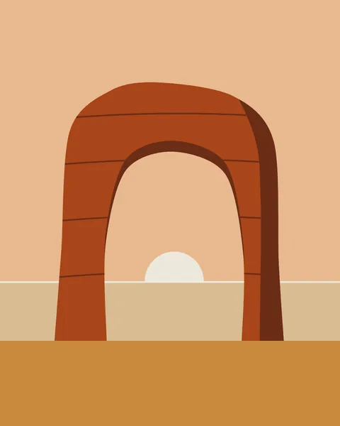 A thick arch of clay-coloured rock stands on an ochre plain, its underside and right faces in dark red shadow and faint bedding lines running through the stone. Through the opening a pale sun sits on the horizon of a sand-coloured plain under a peach sky.