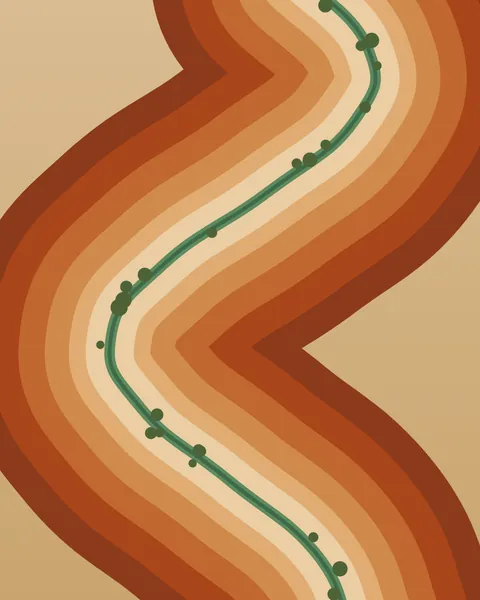 Seen from directly above, a channel snakes down the sheet through five stepped terraces of rock, dark red at the rim to pale apricot at the bottom, with a ribbon of sand along its bed and a thin line of green scrub down its middle.