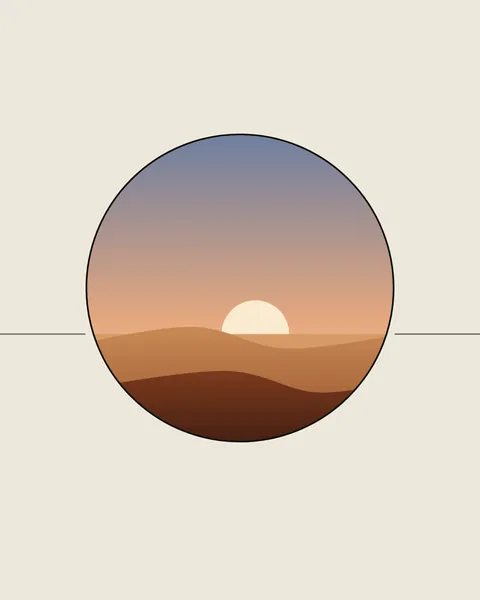A circle on a bone ground holds a small desert view: a blue-to-apricot sky, a pale sun on the horizon and two dunes in red and brown. A thin ink ring marks the edge, and the horizon continues across the bone on either side as a fine grey line.