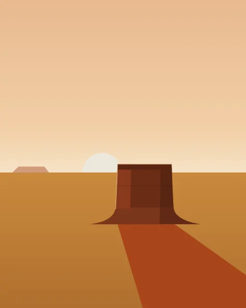 A lone flat-topped sandstone butte, its talus sweeping up into a sheer cliff, stands on an ochre plain against a peach sky, with a pale sun setting on the horizon just beside it. Its shadow runs towards you in a long dark red wedge to the foot of the frame.