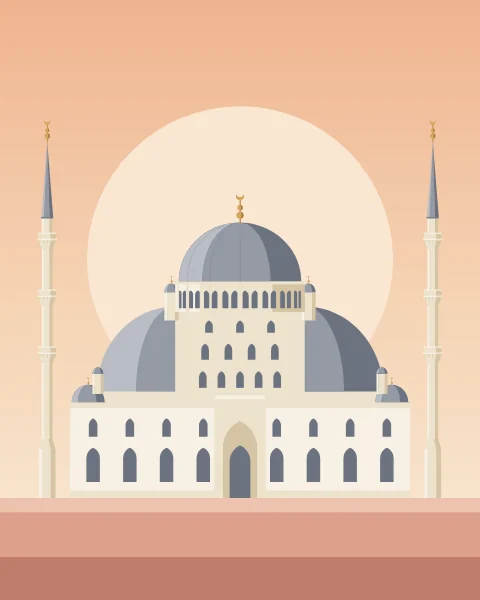 An Ottoman mosque in elevation: a lead-grey central dome carried down through half-domes and smaller domes, framed by pencil minarets against a low peach sun.