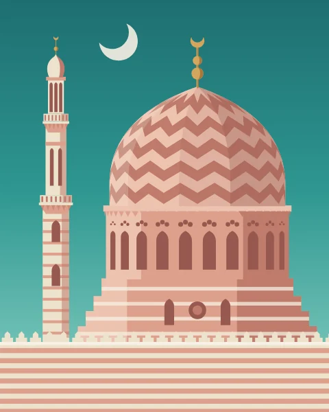 A pink stone dome carved with zigzag chevrons rises from a windowed drum, beside a tiered minaret, under a turquoise sky.