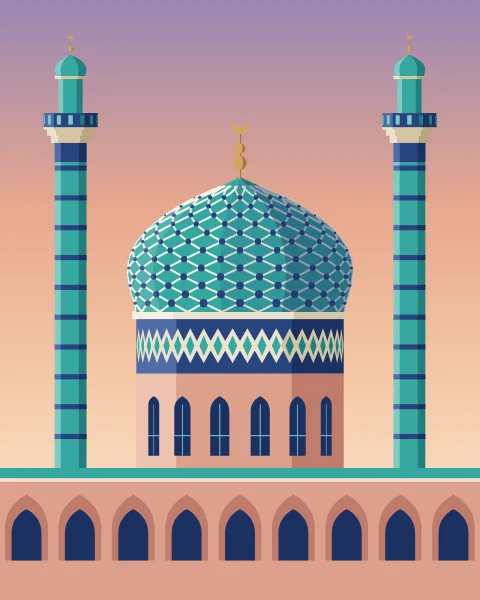 A bulbous turquoise dome laced with a tiled lattice sits on a deep blue band, flanked by two slender tiled minarets at dusk.