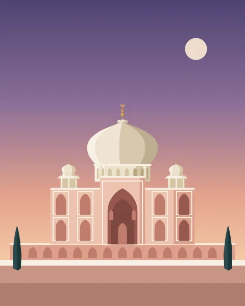 A white bulbous dome crowns a sandstone tomb on a raised platform, with small domed kiosks at its corners and cypresses either side.