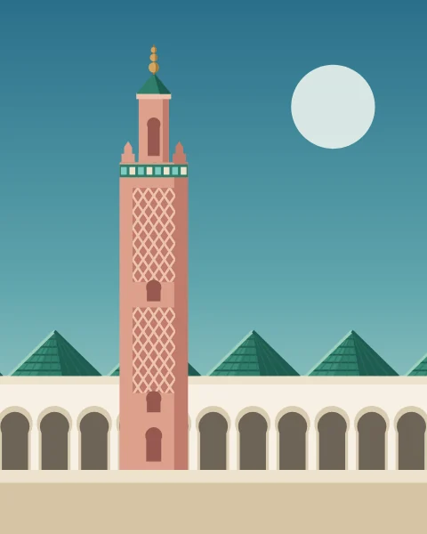 A square sandstone minaret with a latticed panel and small lantern stands over rows of green-tiled roofs and horseshoe arches.