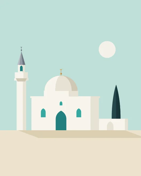 A small whitewashed mosque with a single dome and a short minaret stands in bright sun beside a low wall and a cypress.