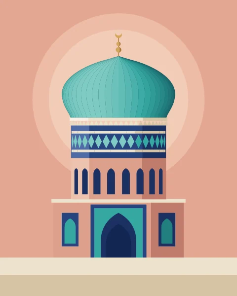 A ribbed turquoise dome on a tall tiled drum rises over a portal, set against a flat rose-pink sky and a pale sun.