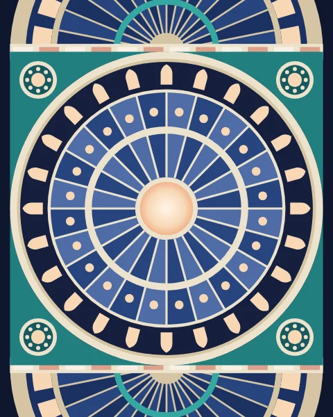 The view straight up into a dome: a ring of windows, radiating ribs and a bright centre, with pendentives in the corners and half-domes beyond.
