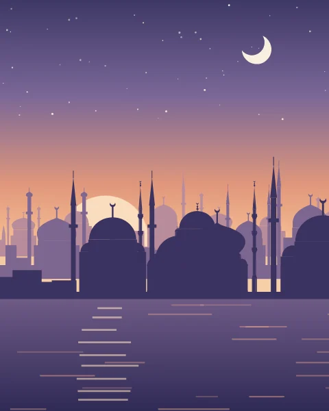 Layered silhouettes of domes and minarets line a waterfront at dusk, with a setting sun, a crescent moon and the first stars.