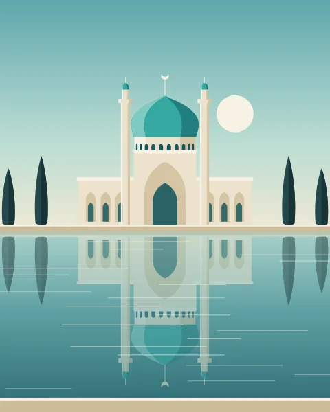 A domed pavilion with twin minarets stands at the edge of a long still pool, mirrored in the water between rows of cypress.