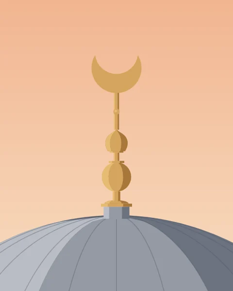 A close view of the gilded finial at the top of a lead dome: stacked bulbs, a slender rod and a crescent against a warm sky.