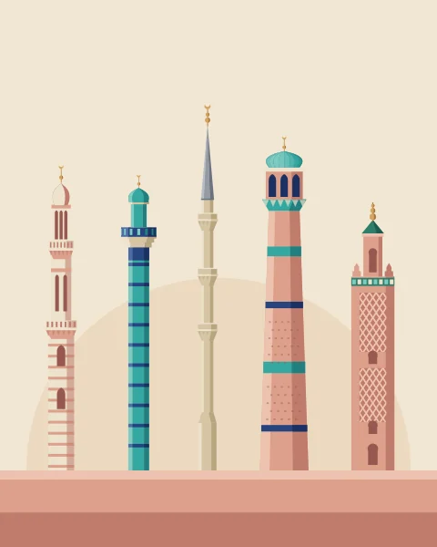 Minarets of several traditions stand side by side on a shared ground line, from a Mamluk tiered tower to an Ottoman pencil minaret and a North African square tower.