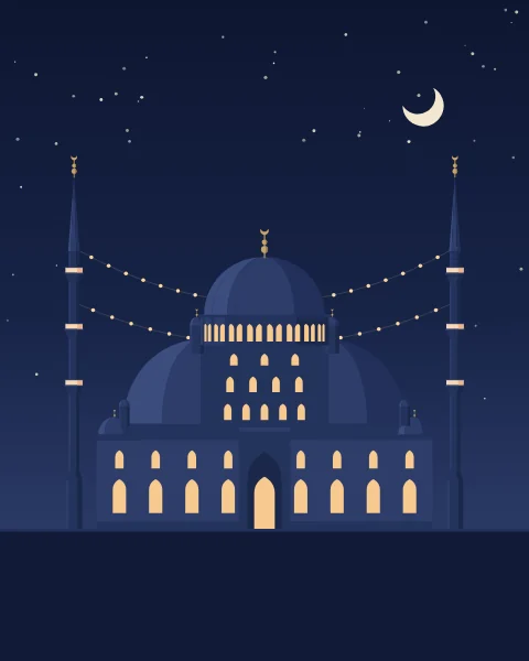 An Ottoman mosque at night with lit windows, a crescent moon and strings of lamps hung between its minarets.