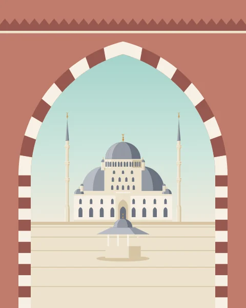 A striped stone archway frames a view across a paved courtyard and fountain to a domed mosque beyond.