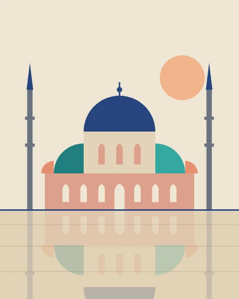 A pared-back geometric composition of a domed mosque: a blue half-circle, stepped quarter-circles and two needle minarets beside a peach sun.