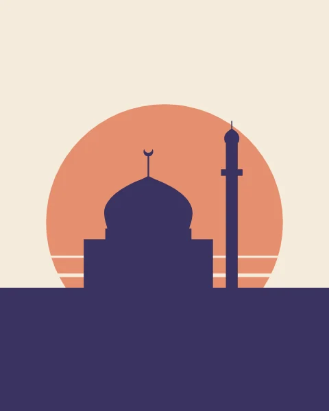 A single dome and minaret in deep violet silhouette against a large peach sun cut by horizontal bands.
