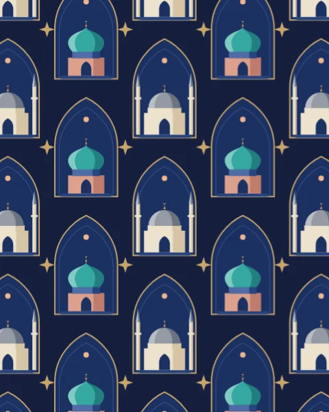 A repeating pattern of pointed niches on deep night blue, each framing a small domed mosque, with gold stars between.