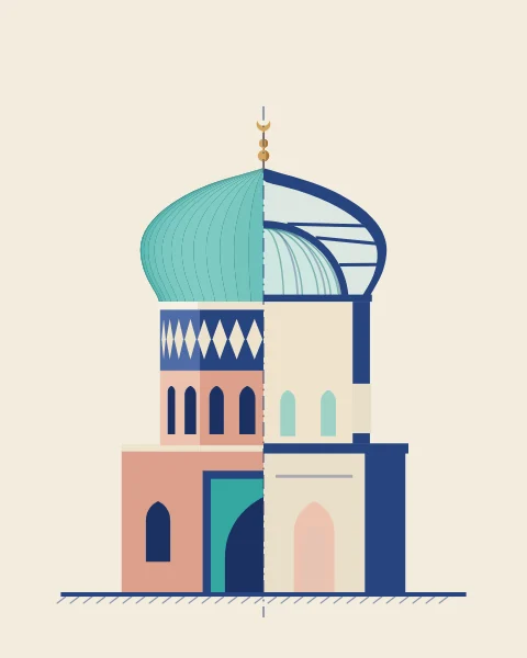 An architectural drawing of a ribbed dome, half in coloured elevation and half in section, showing its double shell with a plan alongside.