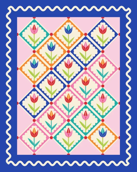 Rows of diamond panels, each holding an upright tulip with two long leaves, set on a cream lattice inside a cobalt border trimmed with rickrack.