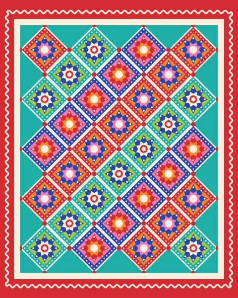 A dense quilt of small diamonds, each with an eight-point star, set between narrow cream strips with red dots where the corners meet.