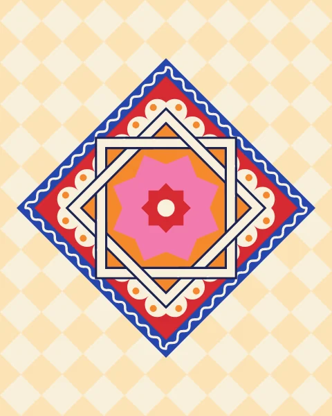 One large diamond framed in scallops and rickrack holds an interlaced eight-point star, with smaller star diamonds above and below on a cream harlequin ground.