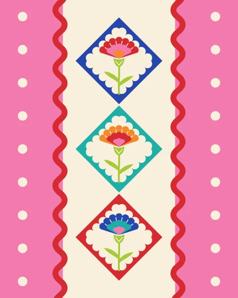 A single row of diamond panels, each holding a fan-shaped carnation, runs across a bubblegum ground between rickrack and dotted trims.