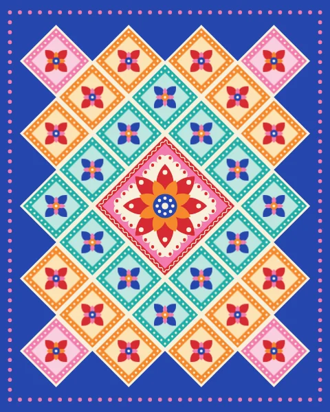 A large rosette diamond sits at the centre of a small-diamond quilt whose colours step outward in rings.