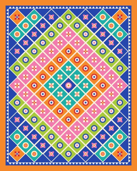 Small diamonds with dots and buds ripple outward from the centre in bands of turquoise, tangerine, bubblegum and lime.