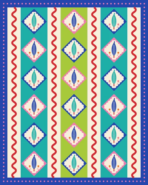 Strips of diamond panels holding cypress trees run the length of the print, separated by cream strips with red rickrack.