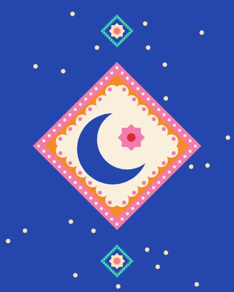 A single diamond framed with dots and scallops holds a crescent and an eight-point star, set on a cobalt ground scattered with small stars.