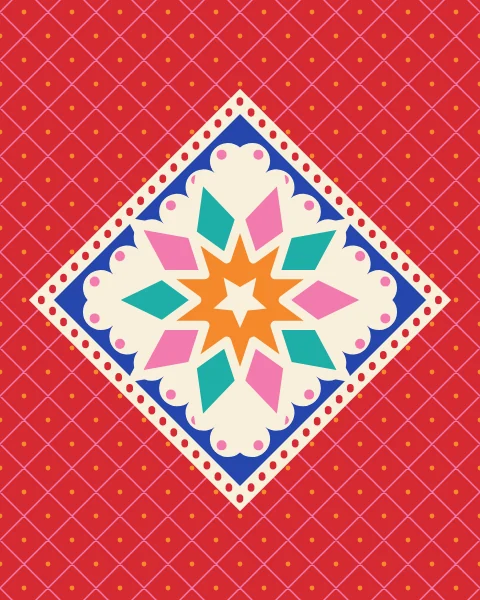 A large diamond holds a ten-point girih rosette in bubblegum, tangerine and turquoise, set on a red ground ruled with a fine diagonal lattice.