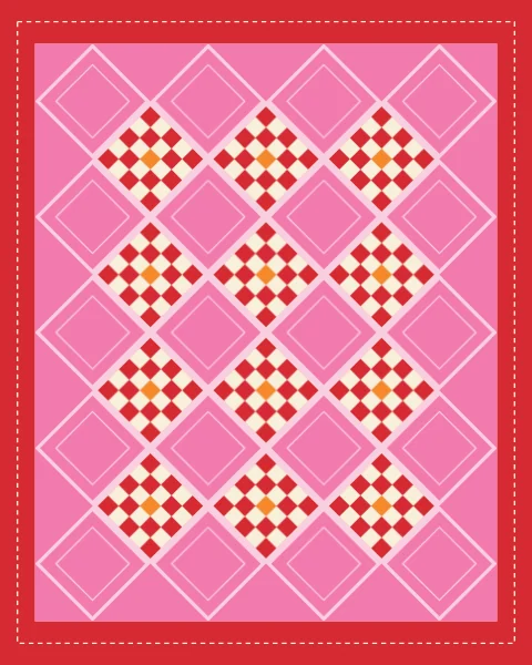 Diamonds of small red and cream checks alternate with plain bubblegum diamonds on a pale pink lattice, inside a red border.