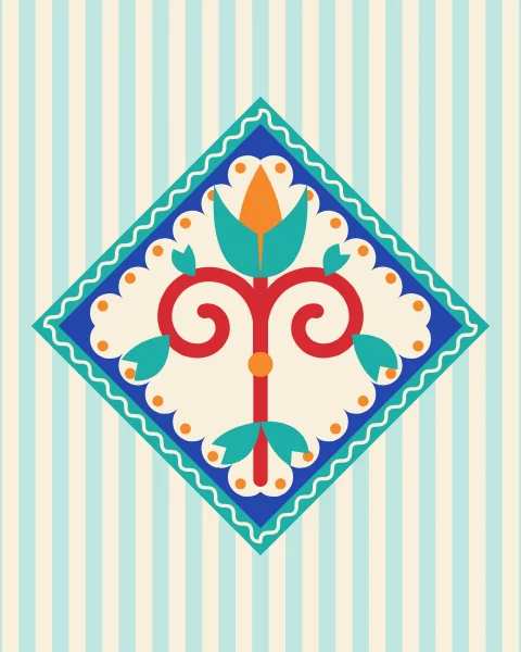 A large diamond holds a symmetrical arabesque of two scrolling stems, split leaves and a tulip bud, on a ground of soft turquoise stripes.