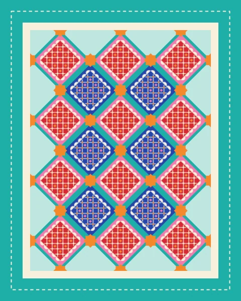 Diamond panels filled with fine square lattices and tiny flowers sit in a turquoise grid with tangerine stars where the strips cross.