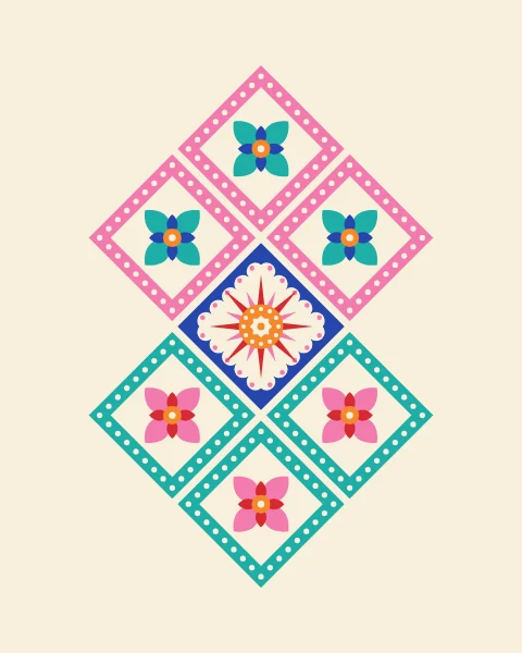 A band of diamonds set edge to edge on a cream ground: a radiating sun rosette at the centre and small four-petal flowers around it.