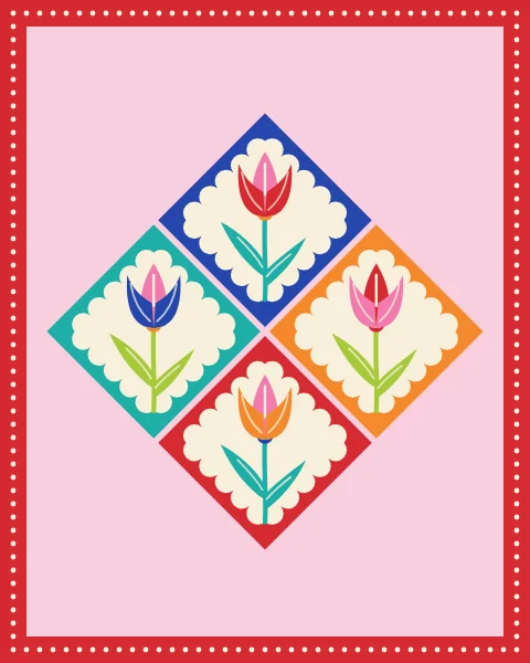 Four tulip diamonds fit together into one larger diamond on a blush ground, framed with a red border and a line of dots.