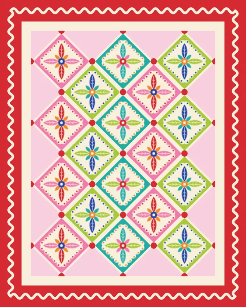 Each diamond holds four long serrated leaves pointing to its corners around a small flower, in columns of colour on a cream lattice.