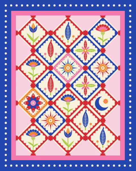 Large diamond panels, each with a different motif: tulip, carnation, rosette, cypress, crescent, girih and more, set in cream strips with red stars.