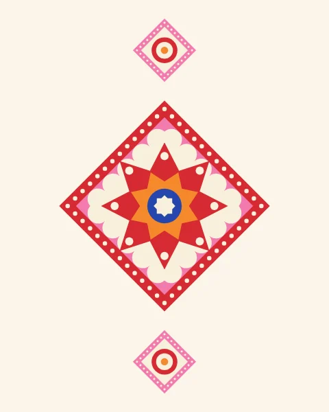 One modest diamond with an eight-point star sits in the middle of a cream ground, with small ring diamonds along the length.