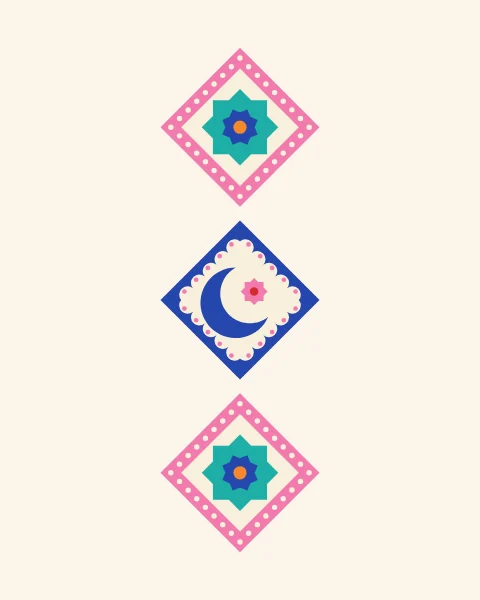 A line of diamonds runs along the length of the print, a crescent and star at the centre and small stars on either side, on a pale ground.