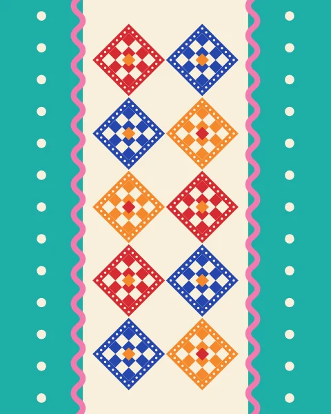 Two rows of small checked diamonds run through a cream band on turquoise, edged with rickrack and dotted trims.