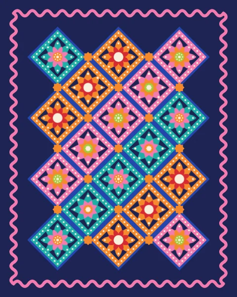 Bright eight-point stars in deep navy diamonds, set in a cobalt lattice with tangerine stars at every crossing.
