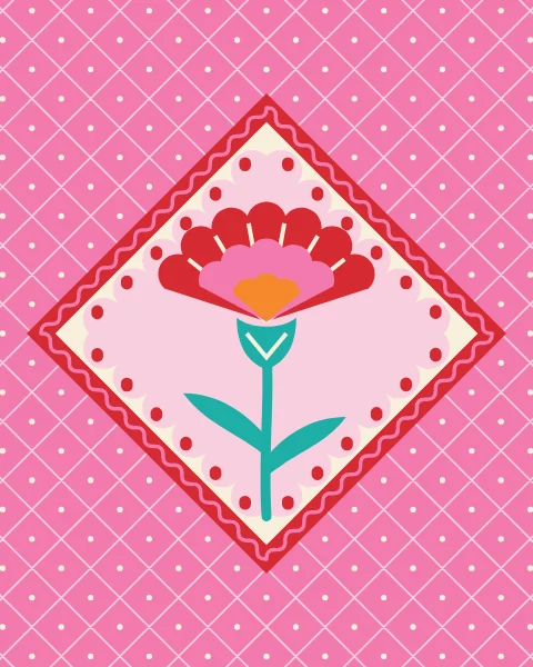 A large carnation in a scalloped diamond on a bubblegum ground ruled with a cream lattice, flanked by smaller carnation diamonds.