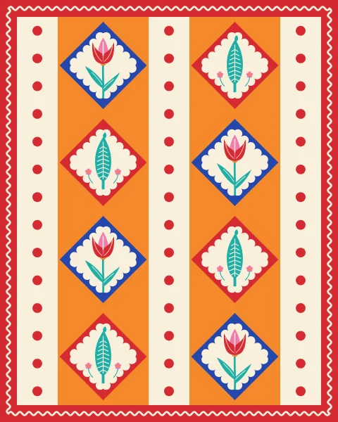 Tangerine strips of tulip and cypress diamonds alternate with cream strips sprinkled with red dots.