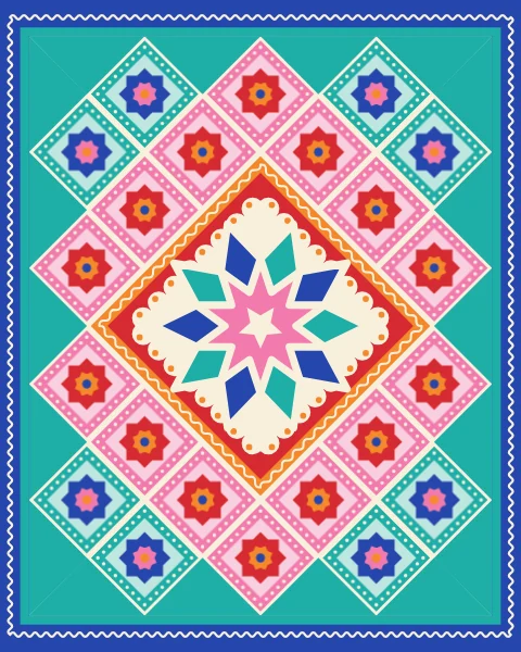 A large girih rosette at the heart of a quilt of small star diamonds whose colours ring outward in turquoise, cobalt and pink.