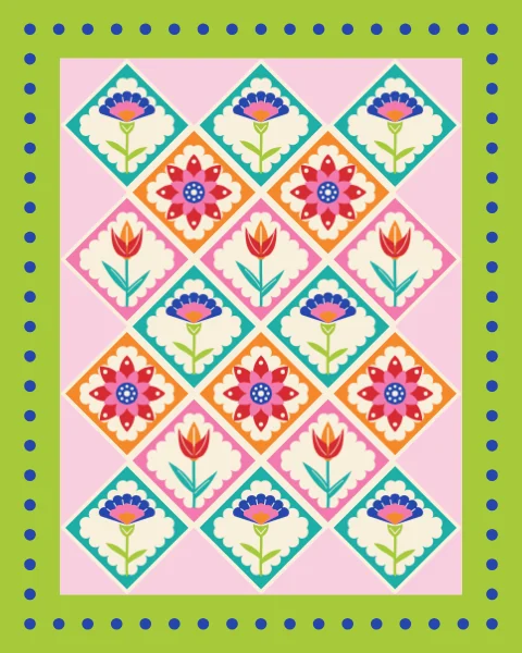 Rows of tulips, carnations and rosettes take turns across a cream lattice, bound in lime with cobalt dots.