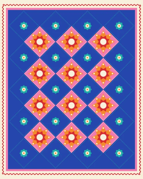 Bubblegum diamonds with tangerine stars alternate with cobalt diamonds holding small turquoise stars, in a tight harlequin inside a cream border.