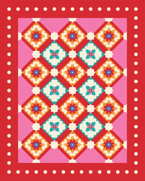 Turquoise and tangerine flower diamonds framed by wide red strips, with cream eight-point stars where the strips meet.