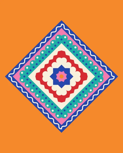 Diamonds nest inside one another in rings of cobalt, bubblegum, turquoise and red, each edged with scallops, dots or rickrack, around a small star.